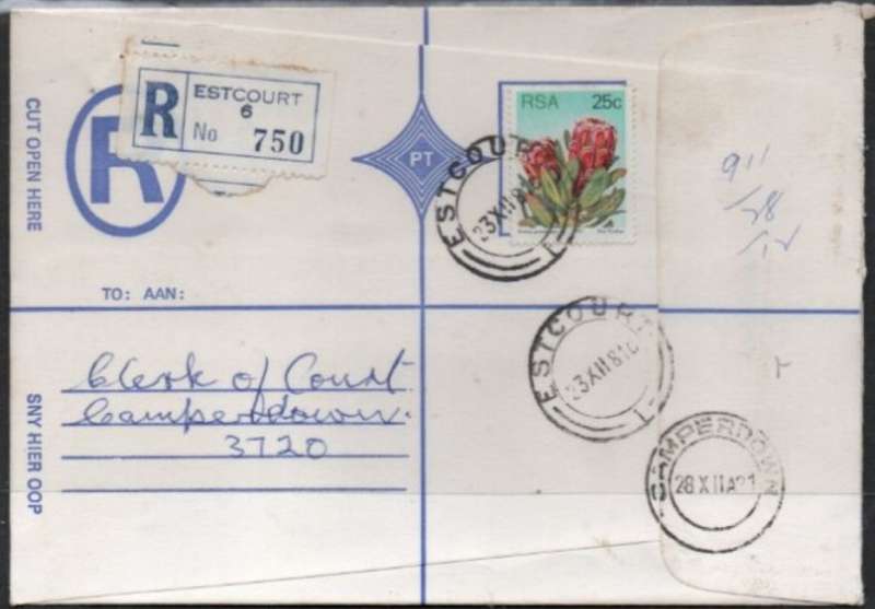 South Africa:1981 Registered,25c ESTCOURT 23 XII 81 c.d.s.. > CAMPERDOWN 28 XII 81 arrival
