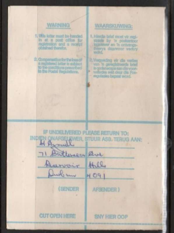 South Africa:1981 Registered,25c DORMERTON 4 III 81 c.d.s.. > CAMPERDOWN 5 III 81