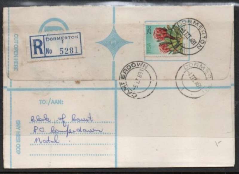 South Africa:1981 Registered,25c DORMERTON 4 III 81 c.d.s.. > CAMPERDOWN 5 III 81