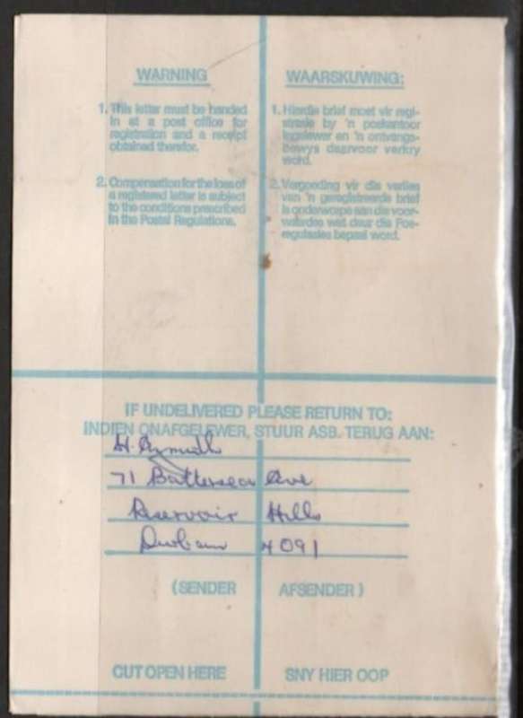 South Africa:1981 Registered,25c, CINDA PARK 22 XII 81 c.d.s.. > CAMPERDOWN 28 XII 1981, BENONI tra