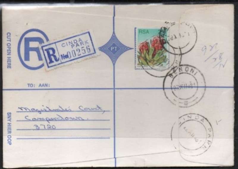 South Africa:1981 Registered,25c, CINDA PARK 22 XII 81 c.d.s.. > CAMPERDOWN 28 XII 1981, BENONI tra