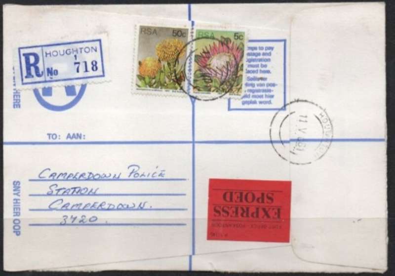 South Africa: 1981 Registered Letter, SPOED (Express) : 55c, HOUGHTON Label1 -HOUGHTON 11 V 81 c.d.s