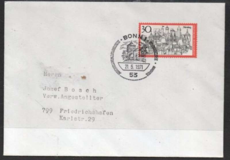 Germany, plain, private First Day Cover Nurnberg, 30 pf, BONN1 21/5/1971 special c.d.s.