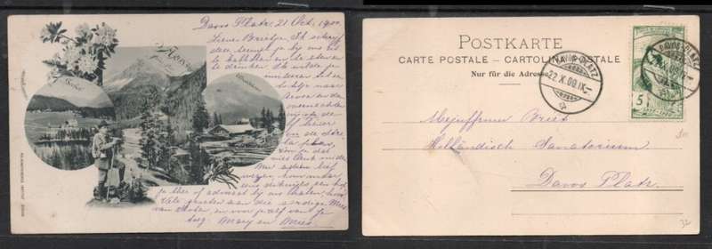 Switzerland multi-view, with climber & scenes, 5c U.P.U. ,DAVOSPLATZ 22 X 00 c.d.s > DavosPlatz