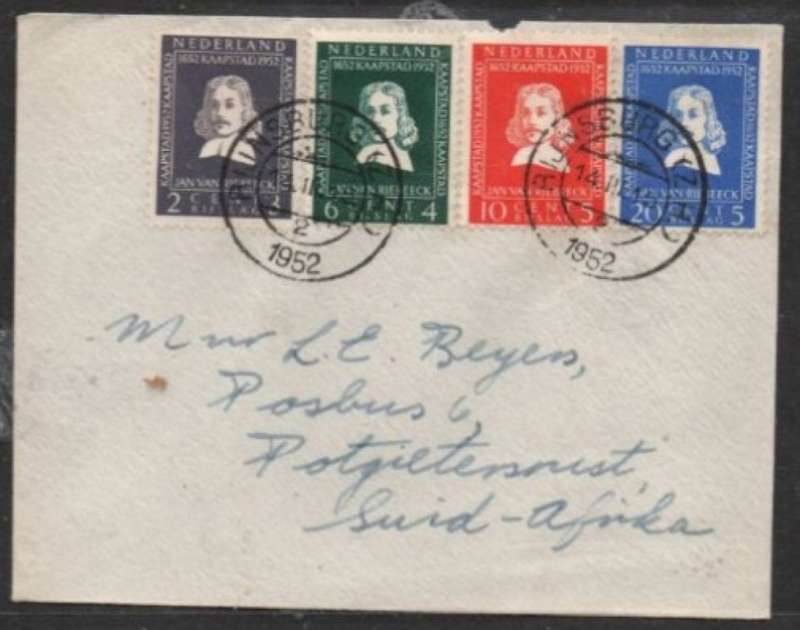 Netherlands, van Riebeek Tercentary, set o4, private, plain FDC, RIJNSBERG 14.111.15 1952 > S.Afric