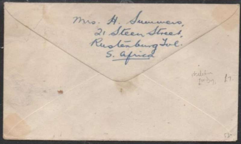 South Africa, plain FDC, Cape adhesives centenary pair, RUSTENBURG 1 IX 1953, skeleton c.d.s. (rare