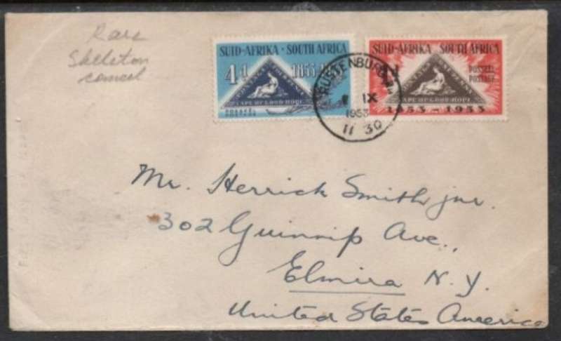 South Africa, plain FDC, Cape adhesives centenary pair, RUSTENBURG 1 IX 1953, skeleton c.d.s. (rare