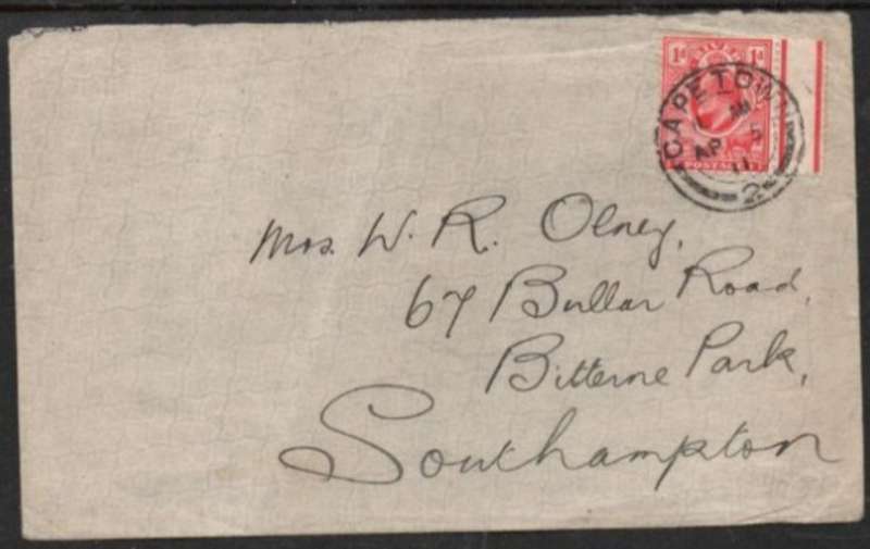 South Africa, Union, interprovincial, ORC EVIIR, 1d, on cover > Southampton, CAPETOWN AP 5 11 c.d.s