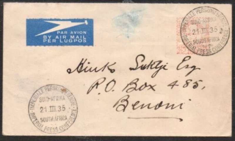 South Africa, IMPERIAL PRESS CONFERENCE 21 III 35 c.d.s., air mail, 2d springbok head meter frank,