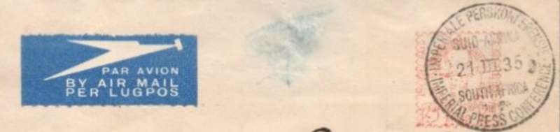 South Africa, IMPERIAL PRESS CONFERENCE 21 III 35 c.d.s., air mail, 2d springbok head meter frank,
