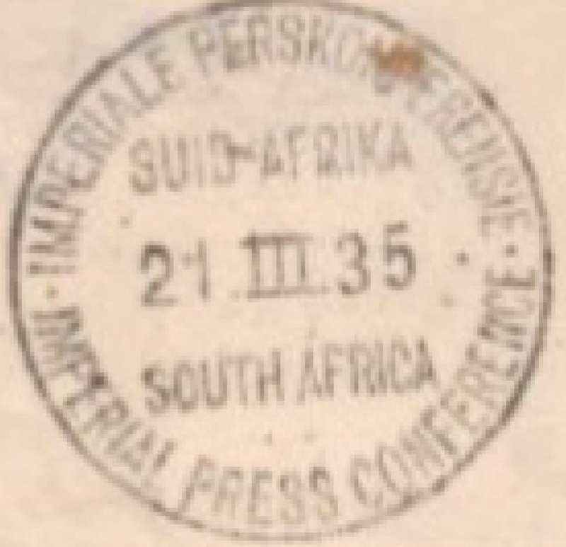 South Africa, IMPERIAL PRESS CONFERENCE 21 III 35 c.d.s., air mail, 2d springbok head meter frank,