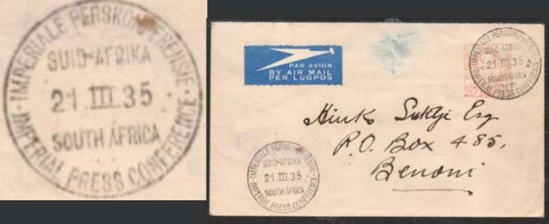 South Africa, IMPERIAL PRESS CONFERENCE 21 III 35 c.d.s., air mail, 2d springbok head meter frank,