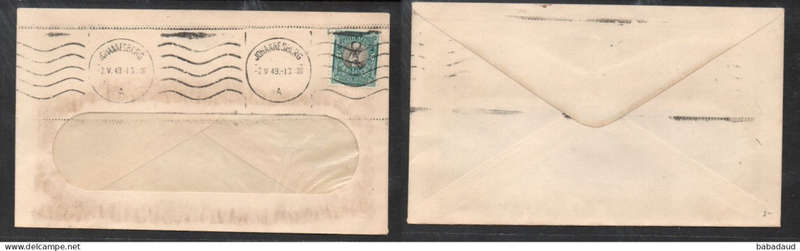 South Africa, 1/2d domestic 2nd class, unsealed, JOHANNESBURG 2 V 49 c.d.s. & wavy line roller