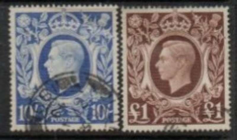 Great Britain, 1942, 1948, 10/ ultramarine,  £1 brown, used