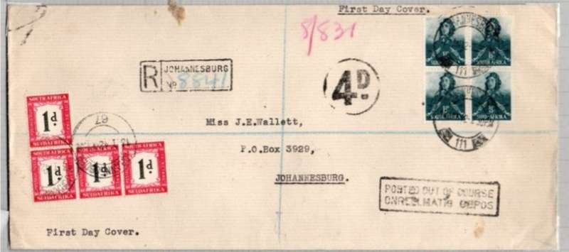 South Africa, WWII 1 1/2d FDC, registered JOHANNESBURG 12 JAN 42, POSTED OUT OF COURSE, 4D, 4x1d Po