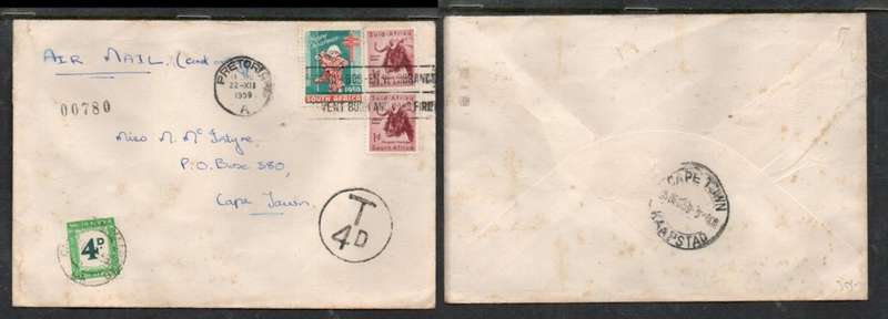 South Africa, cover 2d airmail PRETORIA 22 XII 59 > CAPETOWN , T4D taxe, 4D Postage Due CAPETOWN c.