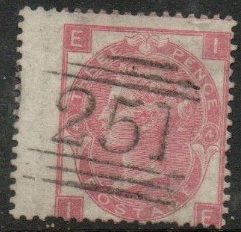 Great Britain, VRI, 1867 - 80, 3d, rose, plate 4, marginal left wing, used, barred circle 251