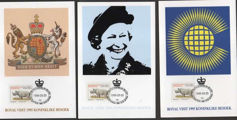 South Africa 1995 Royal Visit, 3 post cards, standard amil stamp, special cancel, c.t.o. - not post