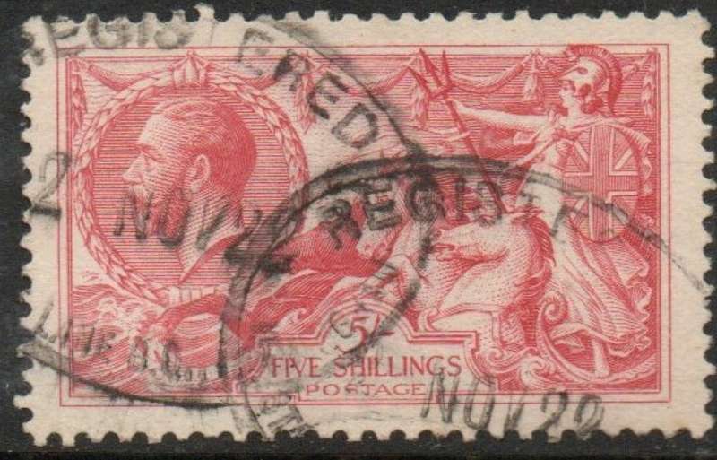 Great Britain, GVR, 1918, 5/, rose red, used, REGISTERED ........ 22 NOV 22, oval d.s.