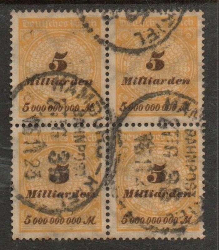 Germany, inflation, 1923, 5 Millarden, block of 4, used HAMBURG - KIEL BAHNPOST ZUG 38 15.11.23 ova