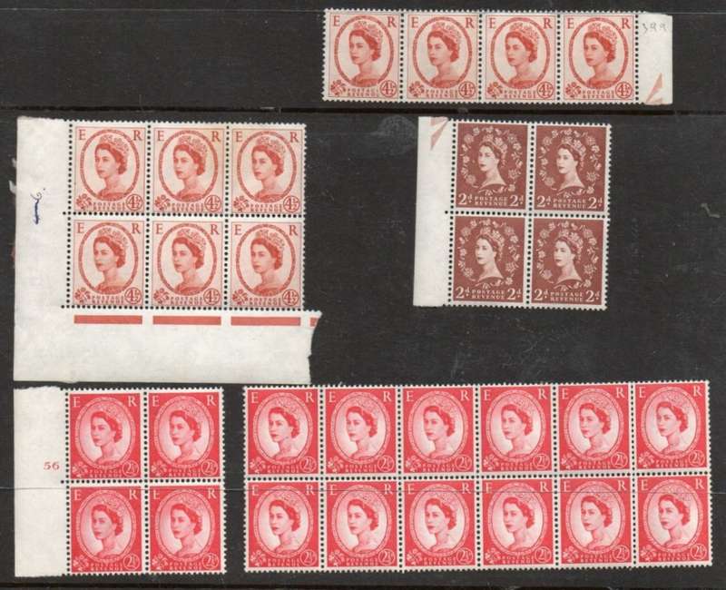 Great Britain EIIR, 1958 -65, 2d, 2 1/2d, 4 1/2d multiples, MNH **