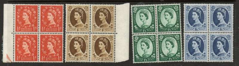 Great Britain EIIR, 1958 -65 1/2d, 1/ 1`3, 1`6, blocks of 4, MNH **