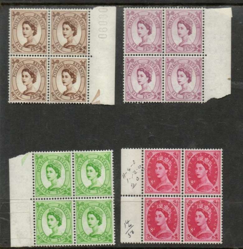 Great Britain EIIR, 1958 - 65, 5d, 6d, 7d, 8d, blocks of 4, MNH **