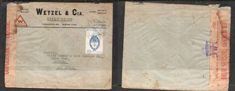 Argentina, cover 20c, BUENOS AIRES 7 OCT 43 > S. Africa, S. Africa censor closing label