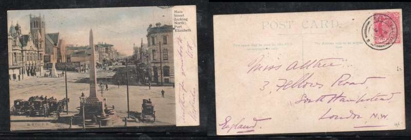 South Africa: Main Street looking North Port Elizabeth, used EVIIR 1d, PORT ELIZABETHJA 8 O6, c.d.s