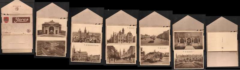 Belgium Ypres, packet with concertina of 9 views plus 1 of damaged tank, sepia tone prints, NELS br