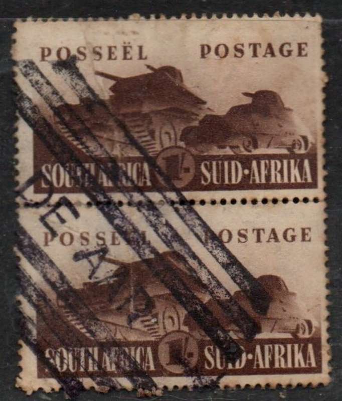 South Africa,1941, War Effort, 1/, tank, vertical pair, undated DE AAR barred parcel cancellation