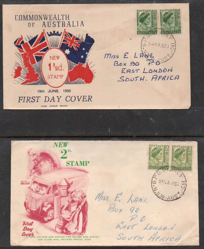 Australia EIIR, FDC new values 1 1/2d, SYDNEY 19 JU 50, 2d, SYDNEY 28 MR 51