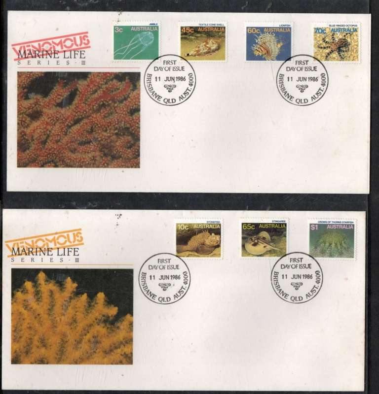 Australia EIIR, FDC Marine Life set of 7 on 2 covers, BRISBANE QLD AUSTRALIA 1986