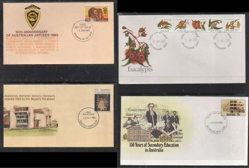 Australia EIIR, FDCs 1982, 1983, Gallery, Jaycees, Education, Eucalyptus
