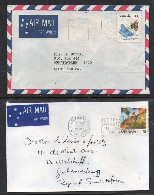 Australia EIIR, late 1980s, 2 air mail envelopes to S.Africa, 80c, $1