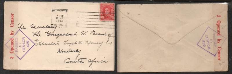 Australia GVIR, 2 1/2d, MELBOURNE 28 SEP 1942 > S.Africa,, OPENED BY CENSOR PASSED BY CENSOR 429