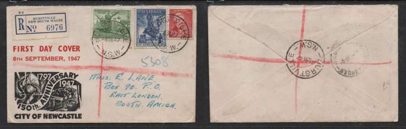 Australia GVIR, FDC, 150th Anniversary of Newcastle, HURSTVILLE 8 SE 47 c.d.s.> registered ? S.Afri