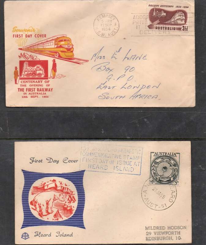 Australia EIIR, FDCs Railway Centenary KEMPSEY 13 SEP 1954, Heard Island, HEARD IS 23 JAN 55 c.d.s.