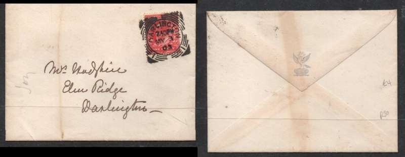 Great Britain EVIIR, local cover 1d DARLINGTON MY 3 03 squared c.d.s.