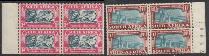 South Africa, 1938 Voortrekker Commemoration, 1d, 1 1/2d, marginal blocks of 4MNH **