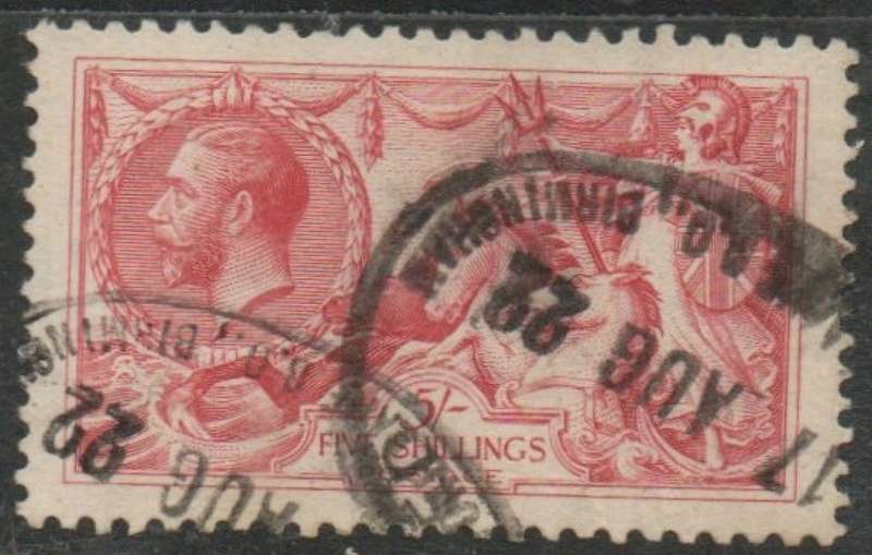 Great Britain, GVR, 1919, 5/, rose-red, Bradbury Wilkinson printing, registered oval d.s used