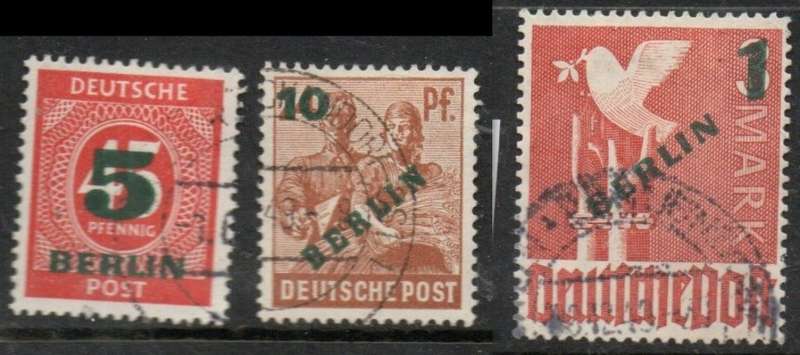 Germany, Berlin, 1949, BERLIN opt, 5pf, 10pg 1 surcharge on 45pf, 24 pf, 3Mk, used