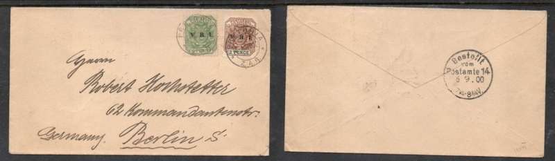South Africa, Transvaal, VRI opt on 1/2d, 2d,. cover PRETORIA 3 AUG 00 > Berlin, BESTELLT VOM POSTA
