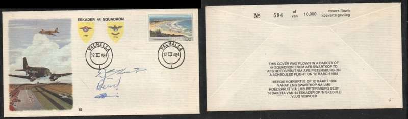 South Africa ESKADA 44 SQUADRON, commemorative cover, No 594 /10,000 VALHALLA 12 III ,3 signatures