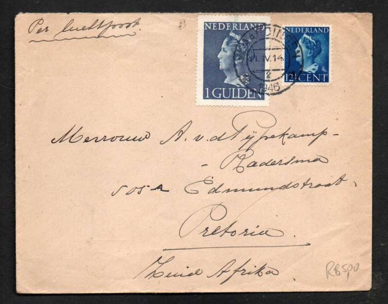 Netherlands, cover by airmail, 1 Gulden, 12 1/2c , VLAARDINGEN 11 IV 1946 > S.Africa