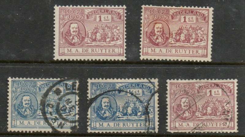 Netherlands, 1907, De Ruyter, 2 x 1c MH* (shades), 1 x 1c used, 2 x 1/2d used (shades), used