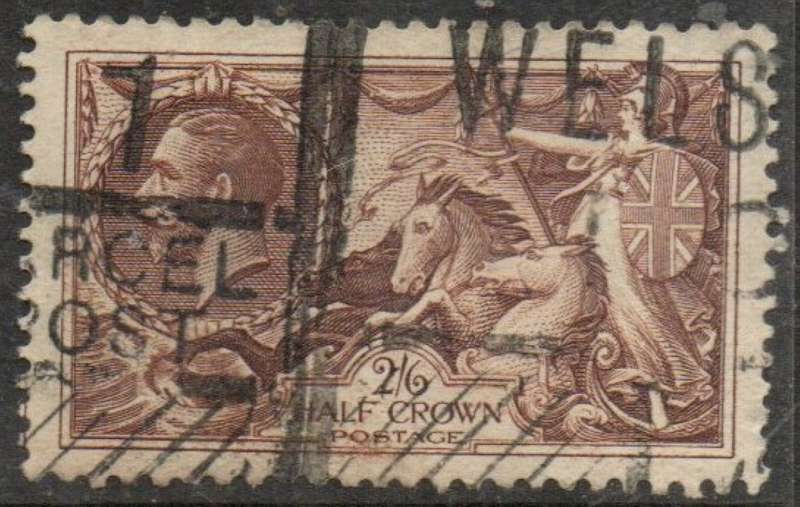 Great Britain, GVR, 1934, 2`6, 5/ seahorses, re-engraved, used , heavy parcel cancellation