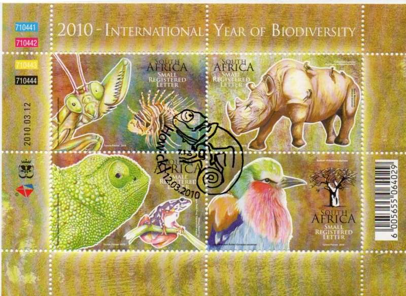 South Africa, 2010 International Year of Biodiversity, sheetlet of 4, Small Registered Letter, c.t.