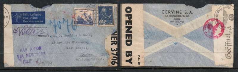 Switzerland 1943 airmail 1f80 CHAUX DE FONDS4.II.43 c.d.s. > S.Africa, VIA NEW YOUR (CLIPPER), Germ