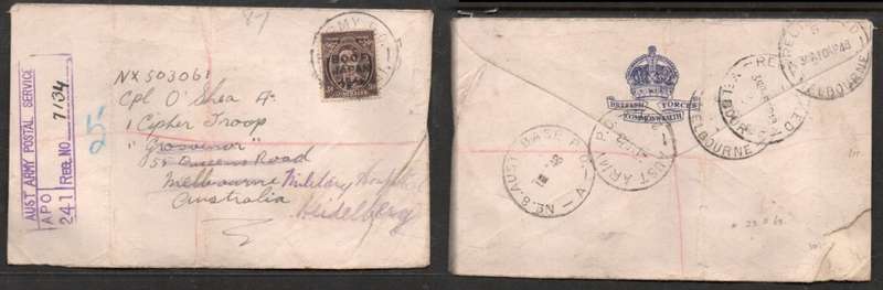 Australia, BCOF JAPAN, 3d,, AUST. ARMY P.O. 241 , REGISTEREDM > MELBOURNE, redirected